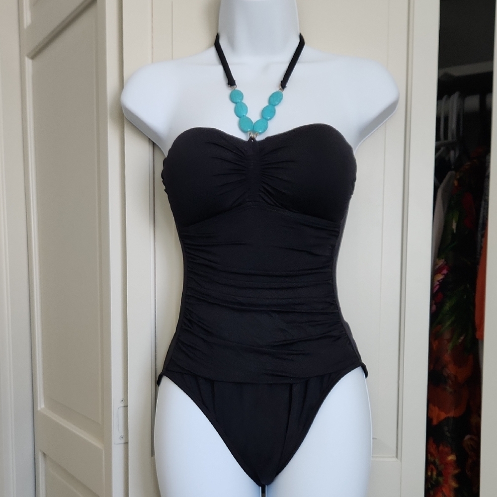 Black Strapless Swimsuit with Turquoise Stones